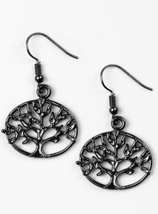 Brushed in an antiqued shimmer, a glistening tree branches out across a dainty gunmetal frame for a whimsical look. Earring attaches to a standard fishhook fitting. Tree of Life Sold as one pair of earrings.