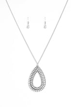 Load image into Gallery viewer, Infused with an elongated silver chain, shimmery chain links spin around a white rhinestone center, creating a dramatic teardrop pendant. Features an adjustable clasp closure.  Sold as one individual necklace. Includes one pair of matching earrings.