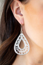 Load image into Gallery viewer, Brushed in a refreshing white finish, a vine-like background is pressed into a glistening silver teardrop frame for a whimsical look. Earring attaches to a standard fishhook fitting.  Sold as one pair of earrings.  Always nickel and lead free.