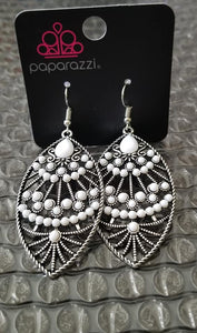 Vivacious white beads are sprinkled along a textured marquise-shaped frame for a seasonal look. Earring attaches to a standard fishhook fitting.  Sold as one pair of earrings.  Always nickel and lead free.
