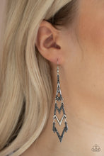 Load image into Gallery viewer, Featuring edgy zigzag shapes, plain silver and hematite rhinestone encrusted bars stack into an electrifying lure. Earring attaches to a standard fishhook fitting.  Sold as one pair of earrings.  Always nickel and lead free. 