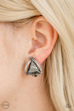 Load image into Gallery viewer, Brushed in an antiqued shimmer, glistening silver bars fold around a triangular gem for a refined look. Earring attaches to a standard clip-on fitting.  Sold as one pair of clip-on earrings.  Always nickel and lead free. 