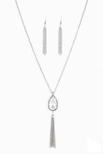 Load image into Gallery viewer, A white teardrop gem swings from the bottom of a lengthened silver chain for a dramatic look. A shimmery silver chain tassel swings from the bottom of the pendant for a glamorous finish. Features an adjustable clasp closure.  Sold as one individual necklace. Includes one pair of matching earrings.  Always nickel and lead free.