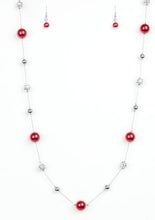 Load image into Gallery viewer, Infused with pearly red accents, classic silver and delicately hammered silver beads trickle along an elegantly elongated silver chain for a refined look. Features an adjustable clasp closure.  Sold as one individual necklace. Includes one pair of matching earrings.  Always nickel and lead free.
