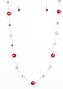 Infused with pearly red accents, classic silver and delicately hammered silver beads trickle along an elegantly elongated silver chain for a refined look. Features an adjustable clasp closure.  Sold as one individual necklace. Includes one pair of matching earrings.  Always nickel and lead free.