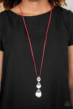 Load image into Gallery viewer, Delicately hammered in a glistening shimmer, asymmetrical silver frames link at the bottom of a lengthened red suede strand for a bold artisanal look. Features an adjustable clasp closure.  Sold as one individual necklace. Includes one pair of matching earrings.  Always nickel and lead free.