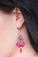Load image into Gallery viewer, Faceted pink teardrops swing from the bottom of a studded silver teardrop, creating a colorful lure. A matching pink teardrop swings from the top of the teardrop frame for a whimsical finish. Earring attaches to a standard fishhook fitting.  Sold as one pair of earrings.