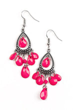 Load image into Gallery viewer, Faceted pink teardrops swing from the bottom of a studded silver teardrop, creating a colorful lure. A matching pink teardrop swings from the top of the teardrop frame for a whimsical finish. Earring attaches to a standard fishhook fitting.  Sold as one pair of earrings.