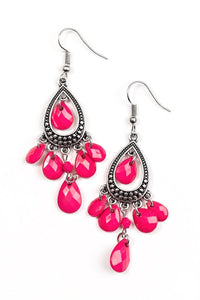Faceted pink teardrops swing from the bottom of a studded silver teardrop, creating a colorful lure. A matching pink teardrop swings from the top of the teardrop frame for a whimsical finish. Earring attaches to a standard fishhook fitting.  Sold as one pair of earrings.