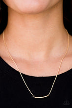 Load image into Gallery viewer, A bowing gold rod slides along a rounded gold snake-chain, creating a bold minimalistic look below the collar. Features an adjustable clasp closure.  Sold as one individual necklace. Includes one pair of matching earrings.   Always nickel and lead free.
