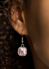 Load image into Gallery viewer, Featuring sparkling faceted surfaces, a glittery pink square gem is pressed into the center of a sleek silver frame, creating a glamorous lure. Earring attaches to a standard fishhook fitting.  