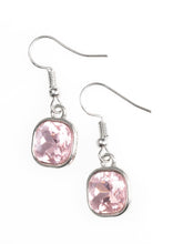 Load image into Gallery viewer, Featuring sparkling faceted surfaces, a glittery pink square gem is pressed into the center of a sleek silver frame, creating a glamorous lure. Earring attaches to a standard fishhook fitting.  Sold as one pair of earrings.   