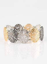 Load image into Gallery viewer, Brushed in a high-sheen finish, vine-like filigree climbs glistening gunmetal, gold and silver frames. Infused with dainty silver beads, the elegant frames are threaded along stretchy bands, creating a refined look around the wrist.  Sold as one individual bracelet.
