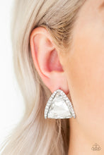 Load image into Gallery viewer, Featuring a regal triangular cut, an oversized white gem is nestled in an angled silver frame radiating with dainty white rhinestones for a glamorous look. Earring attaches to a standard post fitting.  Sold as one pair of post earrings.  Always nickel and lead free. 