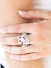 Load image into Gallery viewer, Dainty silver butterflies flutter atop a backdrop of glowing pink moonstones and glassy white rhinestones, coalescing into an enchanted band. Features a stretchy band for a flexible fit.  Sold as one individual ring.