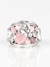 Load image into Gallery viewer, Dainty silver butterflies flutter atop a backdrop of glowing pink moonstones and glassy white rhinestones, coalescing into an enchanted band. Features a stretchy band for a flexible fit. Sold as one individual ring.