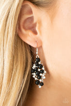 Load image into Gallery viewer, Shiny black beads, dainty silver studs, and radiant white rhinestones coalesce into an elegant lure. Earring attaches to a standard fishhook fitting.  Sold as one pair of earrings.  Always nickel and lead free.