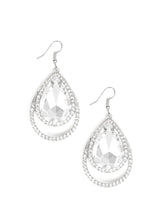 Load image into Gallery viewer, A dramatically over sized white teardrop gem is pressed into a doubled silver frame encrusted in countless white rhinestones for a blinding look. Earring attaches to a standard fishhook fitting.  Sold as one pair of earrings.