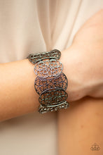 Load image into Gallery viewer, Filled with filigree details, a collection of gunmetal frames are threaded along stretchy bands around the wrist for a whimsical look.  Sold as one individual bracelet.   Always nickel and lead free.