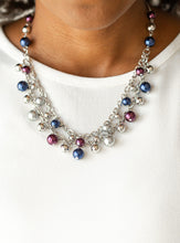 Load image into Gallery viewer,   A refined collection of glistening silver and pearly multicolored beads swing from the bottom of shimmery silver chains, creating glamorous layers below the collar. Features an adjustable clasp closure.  Sold as one individual necklace. Includes one pair of matching earrings. 