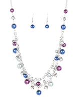 Load image into Gallery viewer,   A refined collection of glistening silver and pearly multicolored beads swing from the bottom of shimmery silver chains, creating glamorous layers below the collar. Features an adjustable clasp closure.  Sold as one individual necklace. Includes one pair of matching earrings. 