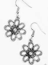 Load image into Gallery viewer, Smooth and hammered silver petals bloom from a radiant white rhinestone center, creating a whimsical frame. Earring attaches to a standard fishhook fitting.  Sold as one pair of earrings.