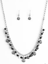 Load image into Gallery viewer, Dainty black beads and ornate silver discs swing from the bottom of a shimmery silver chain, creating a casual fringe below the collar. Featuring rhinestone centers, textured silver discs are sprinkled between refined beading for a glamorous finish. Features an adjustable clasp closure.  Sold as one individual necklace. Includes one pair of matching earrings.