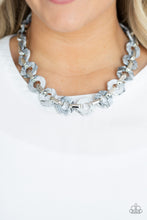 Load image into Gallery viewer, Glistening silver fittings link with smoky hexagon-like acrylic frames below the collar for a seasonal flair. Features an adjustable clasp closure.  Sold as one individual necklace. Includes one pair of matching earrings.  Always nickel and lead free.