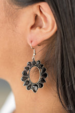 Load image into Gallery viewer, Faceted black teardrops flare from a studded silver hoop, coalescing into a flirty frame. Earring attaches to a standard fishhook fitting.  Sold as one pair of earrings.    Always nickel and lead free.