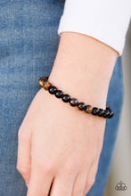 Load image into Gallery viewer, Smooth black and tiger’s eye stone accents are threaded along an elastic stretchy band for an earthy look.  Sold as one individual bracelet.  Always nickel and lead free.