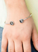 Load image into Gallery viewer, Attached to a curling silver bar, square smoky rhinestones are pressed into silver fittings, creating a dainty cuff.  Sold as one individual bracelet.