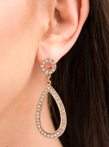 Alluring oversized teardrop frames are encrusted with countless brilliant white rhinestones. A smaller circle frame filled with the same shimmering white rhinestones gently anchors and balances the flirtatious look. Earring attaches to a standard post fitting.
