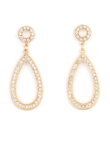 Alluring oversized teardrop frames are encrusted with countless brilliant white rhinestones. A smaller circle frame filled with the same shimmering white rhinestones gently anchors and balances the flirtatious look. Earring attaches to a standard post fitting.