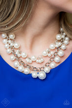 Load image into Gallery viewer, Two rows of gorgeously mismatched pearls drapes elegantly below the collar. Featuring over-sized silver links and an assortment of pearl sizes, the bubbly strands layer into a dramatic fringe for a modernly timeless finish. Features an adjustable clasp closure.  Sold as one individual necklace. Includes one pair of matching earrings.