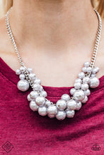 Load image into Gallery viewer, Varying in size, bubbly silver pearls cascade from the bottom of a bold silver chain, creating a dramatically clustered fringe below the collar. Features an adjustable clasp closure.  Sold as one individual necklace. Includes one pair of matching earrings.