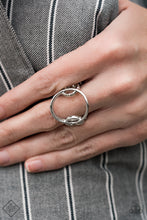 Load image into Gallery viewer,  A shimmery silver hoop sits atop two textured silver rings, coalescing into an airy band. Features a stretchy band for a flexible fit.  Sold as one individual ring.   Fiercely 5th Avenue Fashion Fix April 2019  Always nickel and lead free. 