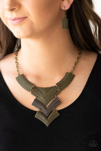 Load image into Gallery viewer, Radiating in studded details, antiqued brass and copper plates link below the collar, joining into a fierce geometric pendant. Features an adjustable clasp closure.  Sold as one individual necklace. Includes one pair of matching earrings.  Always nickel and lead free.