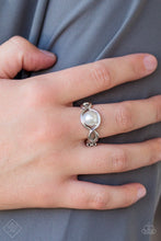 Load image into Gallery viewer, listening silver bars weave around a white pearl-drop center, creating a refined centerpiece atop the finger. Features a dainty stretchy band for a flexible fit.
