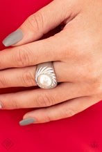 Load image into Gallery viewer, A pearly white bead is pressed into the center of a thick silver band swirling with a spiral-like pattern for a refined flair. Features a stretchy band for a flexible fit.