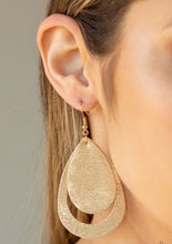 Load image into Gallery viewer, Brushed in a metallic gold finish, sparkling leather teardrops drip from the ear, coalescing into a trendy lure. Earring attaches to a standard fishhook fitting.  Sold as one pair of earrings.