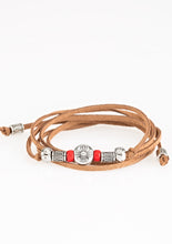 Load image into Gallery viewer, An array of red and silver beads are knotted in place along elongated suede cording for a wanderlust fashion. To secure bracelet, tie ends in place around the wrist at desired length.  Sold as one individual bracelet.