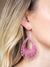 Load image into Gallery viewer, Brushed in a vivacious pink finish, a shimmery silver teardrop frame rippling with ornate petal-like textures swings from the ear in a whimsical fashion. Earring attaches to a standard fishhook fitting.  Sold as one pair of earrings.  Always nickel and lead free.