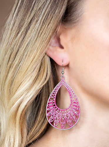 Brushed in a vivacious pink finish, a shimmery silver teardrop frame rippling with ornate petal-like textures swings from the ear in a whimsical fashion. Earring attaches to a standard fishhook fitting.  Sold as one pair of earrings.  Always nickel and lead free.