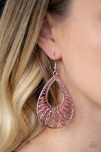 Load image into Gallery viewer, Brushed in a fiery red finish, a shimmery silver teardrop frame rippling with ornate petal-like textures swings from the ear in a whimsical fashion. Earring attaches to a standard fishhook fitting.  Sold as one pair of earrings.  Always nickel and lead free.