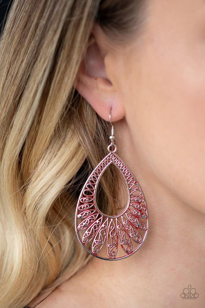 Brushed in a fiery red finish, a shimmery silver teardrop frame rippling with ornate petal-like textures swings from the ear in a whimsical fashion. Earring attaches to a standard fishhook fitting.  Sold as one pair of earrings.  Always nickel and lead free.
