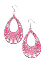 Load image into Gallery viewer, Brushed in a vivacious pink finish, a shimmery silver teardrop frame rippling with ornate petal-like textures swings from the ear in a whimsical fashion. Earring attaches to a standard fishhook fitting.  Sold as one pair of earrings.  