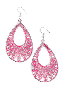 Brushed in a vivacious pink finish, a shimmery silver teardrop frame rippling with ornate petal-like textures swings from the ear in a whimsical fashion. Earring attaches to a standard fishhook fitting.  Sold as one pair of earrings.  