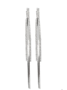 Two strands of dainty white rhinestones join a flat silver chain, coalescing into an edgy lure. Earring attaches to a standard post fitting.  Sold as one pair of post earrings.  