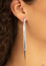Load image into Gallery viewer, Two strands of dainty white rhinestones join a flat silver chain, coalescing into an edgy lure. Earring attaches to a standard post fitting.  Sold as one pair of post earrings.  