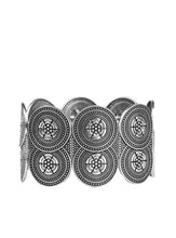 Load image into Gallery viewer, Embossed in whimsical floral patterns, overlapping silver frames are threaded along stretchy bands around the wrist for a seasonal flair.  Sold as one individual bracelet.